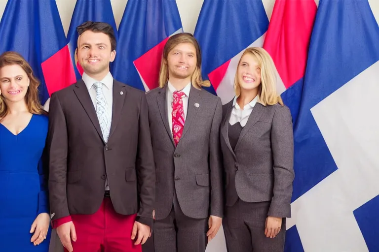 Prompt: full body portrait of a 3 5 year old man standing with his arms around his two girlfriends, one on either side, infront of a line of canadian flags. everyone is wearing formal business attire. atmosphere is serious, dignified, traditional. official government portrait. oil painting, very realistic, 2 1 st century