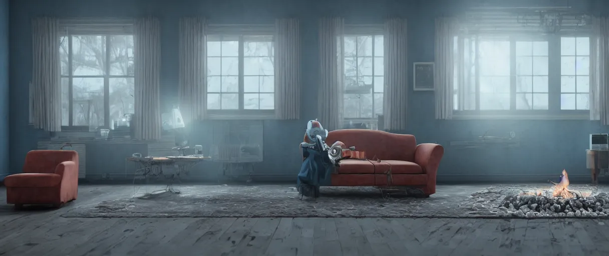 Prompt: Lonely and depressed robot sitting on a couch in front of a large fireplace in a Victorian home in the future. octane render, extremely detailed, cold blue cinematic lighting, 8k, lens flare, cinematic movie photograph, closeup portrait, trending on artstation, cgsociety, award-winning art, by Simon Stalenhag.