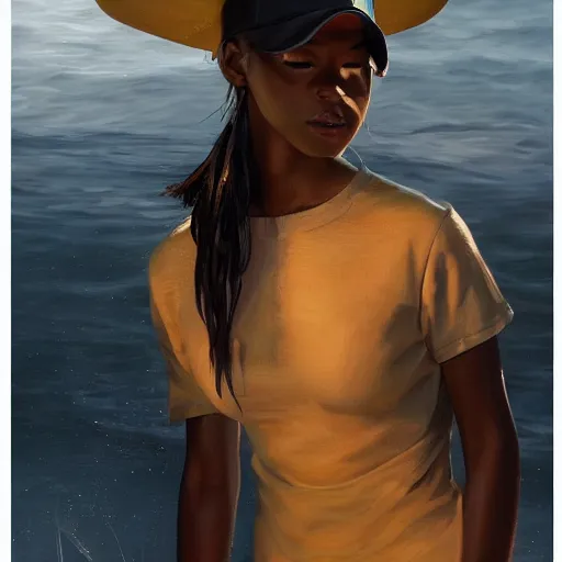 Prompt: oil painting by ilya kuvshinov,, baugh casey, artgerm craig mullins, coby whitmore, of a youthful black girl, long hair, fishing and wearing fisherman's outfit, fisherman's hat, highly detailed, breathtaking face, studio photography, noon, intense bounced light, water reflection, large tree casting shadow, serine intense sunlight