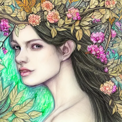 Prompt: a drawing of a beautiful woman clothed in flowers and leaves standing in an enchanted forest, high fantasy, elegant, epic, detailed, intricate, pencil and watercolor, concept art, realistic detailed face, smooth, focus, rim light,