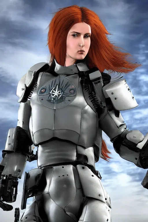 Image similar to portrait photo of beautiful young female space police officer, clothed in military armor, long hair blowing in the wind, from metal gear. Future war zone behind her. by Anita Sadowska