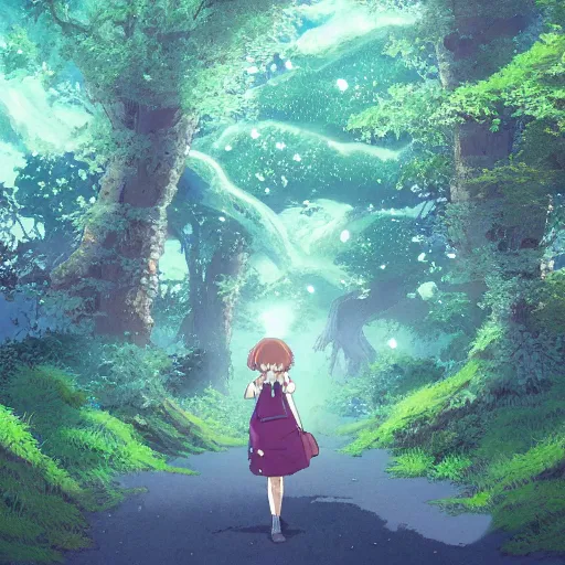 Prompt: anime, incredible wide screenshot, ultrawide, realist proportions, paper texture, intricate, very detailed, studio ghibli movie scene, girl in a dress walking the beautiful forest town, lanterns, wood bridges, night outdoors, fireflies!!!!, fog, dust