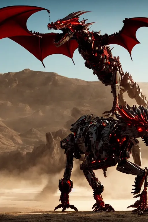 Image similar to cinematic still of westworld, a full body red si - fi robotic fantasy dragon, well armored mech dragon, highly detailed