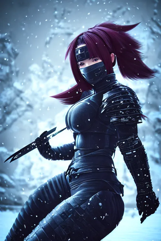 Prompt: portrait of female ninja gaiden momiji, metalic frost cyber ninja respirator, stormy snowy fiji mountain, incredibly beautiful, armored, highly detailed, digital painting, final fantasy, sharp focus, behance contest winner, ultrafine illustrations by tian zi, james jean, ayanamikodon and irakli nadar, unreal 5 engine render