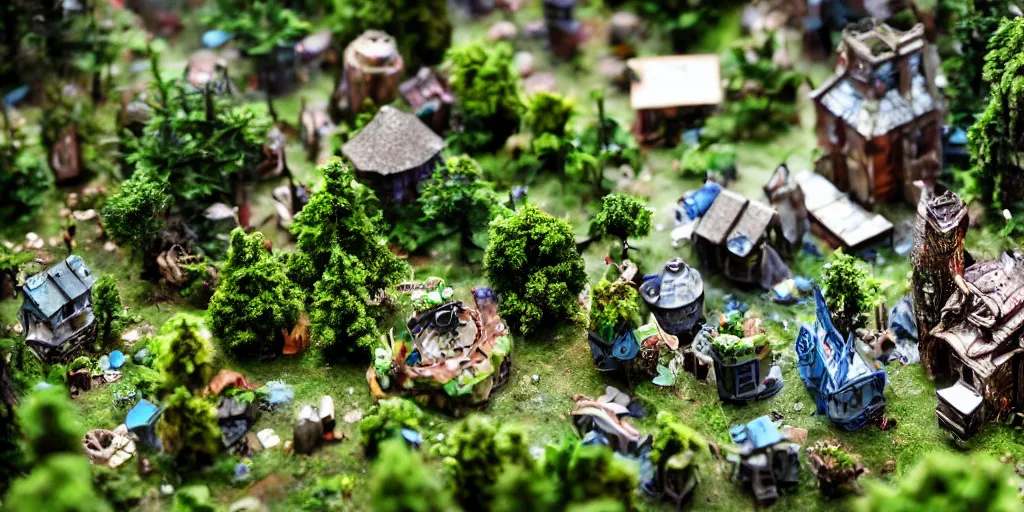 Prompt: PC motherboard village, fantasy, trees, green plants, broken parts, houses on motherboard, mold, tiny villagers, PC hardware, high quality, highly detailed