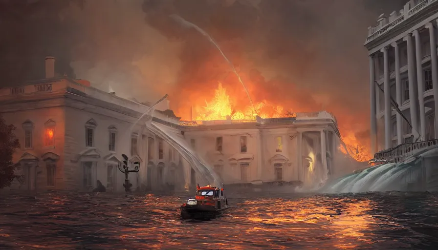 Prompt: washington dc underwater, lifeboat, rescue, damaged collapsed buildings, white house on fire, storm, fire and ashes, hyperdetailed, artstation, cgsociety, 8 k