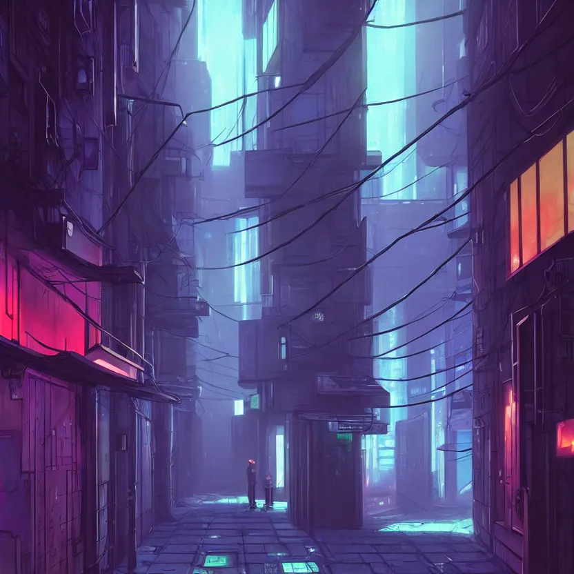 Image similar to city alleyway in the atmospheric cyberpunk anime film, gouache matte background painting, neon noir, at night with lights, by makoto shinkai, in the anime series ergo proxy, beautiful specular edge highlights and rim lighting