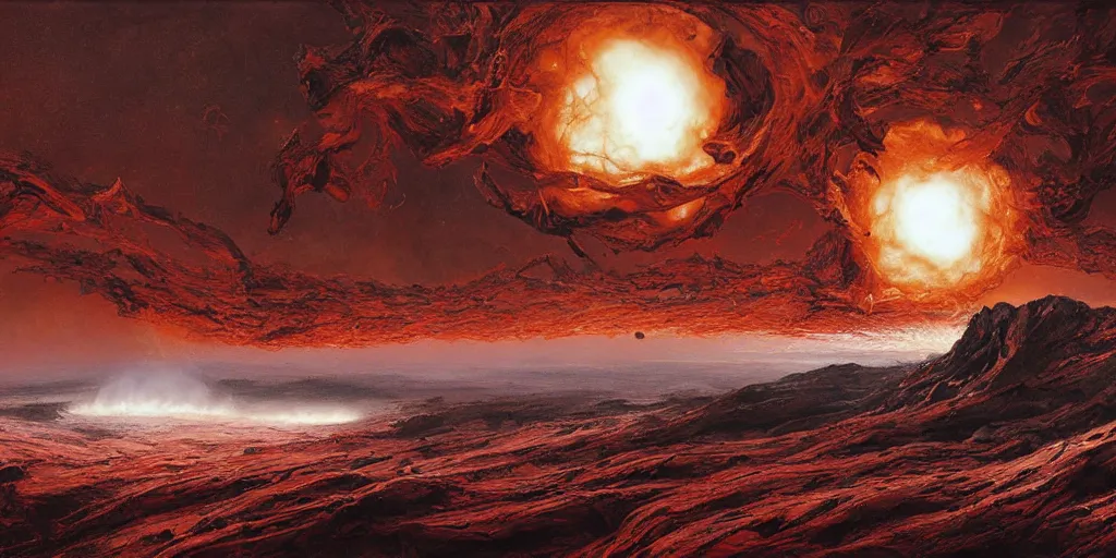 Image similar to supernova tornado, alien surface planet covered with black tree roots, red desert mars, norilsk, painted by ruan jia, raymond swanland, lawrence alma tadema, zdzislaw beksinski, norman rockwell, jack kirby, tom lovell, alex malveda, greg staples, steve mccurry