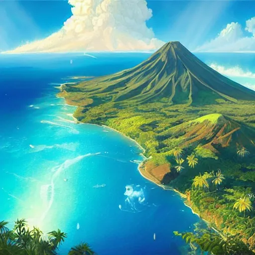 Image similar to a painting a breathtaking aerial view of Hawaiian islands, surrounded by palm trees, clouds, flowers, volcano, azure ocean, sunlight glistening, glow, , a detailed matte painting by sylvain sarrailh, Stephan Martinière, by RHADS, Makoto Shinkai, bokeh, Artstation contest winner, fantasy art, concept art, #vfxfriday