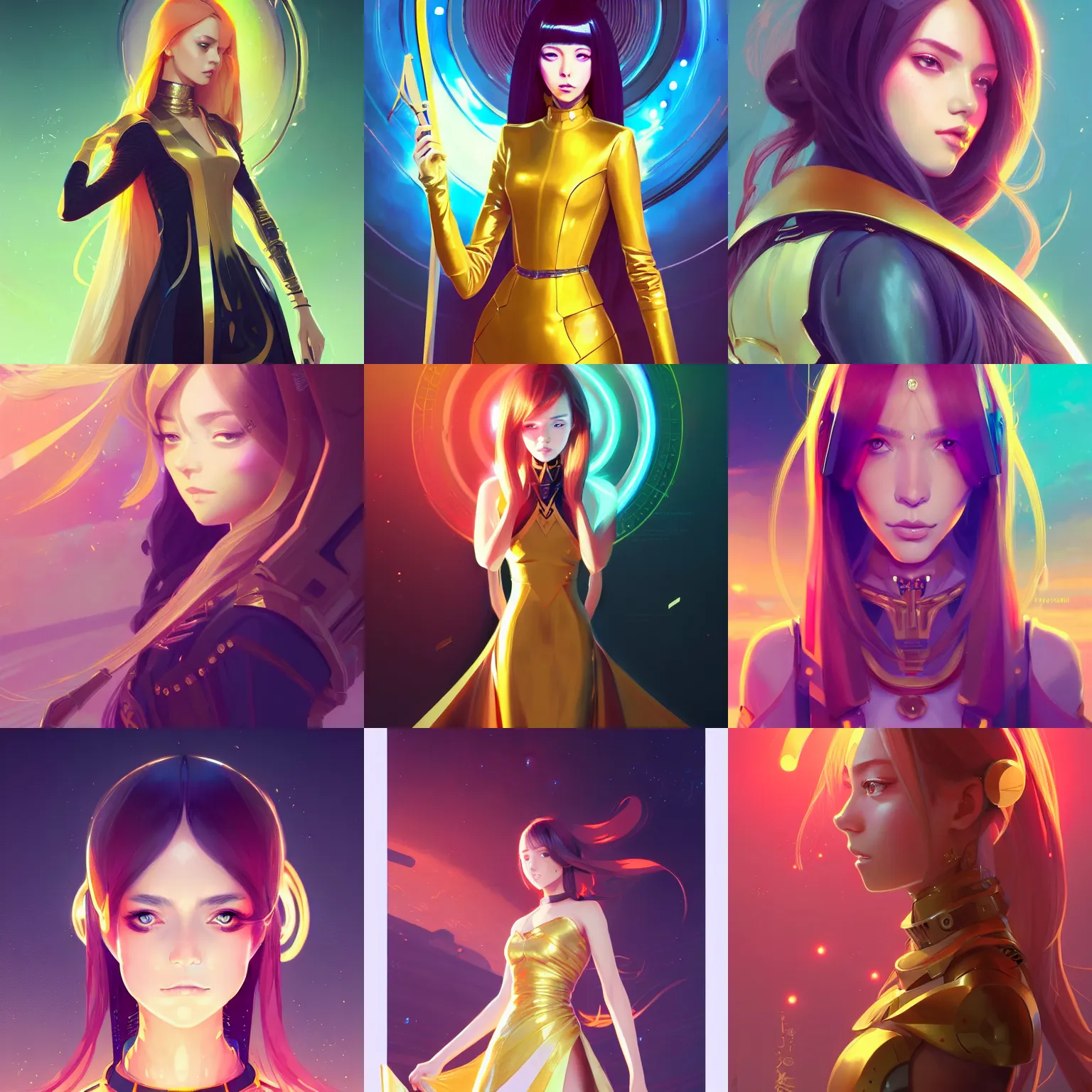 Prompt: portrait girl in futuristic luxurious golden dress holding a ceremonial sword, long curvy hair, colourful palette, pretty face, cute face, symmetrical face, intimidating expression, red eyes, anime by greg rutkowski rossdraws makoto shinkai, adobe illustrator, intricate details, trending on pixiv, behance