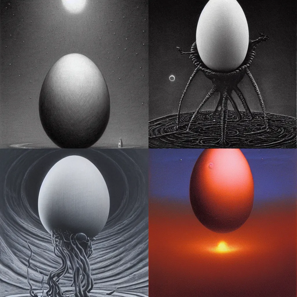 Prompt: The Cosmic Egg by Zdzisław Beksiński, caretaker, eldritch, cosmic horror, darkwave, concept by Alastair Reynolds