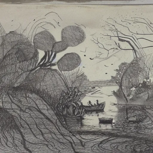 Image similar to landscape drawing with owls and boats, in the style of pauline baynes