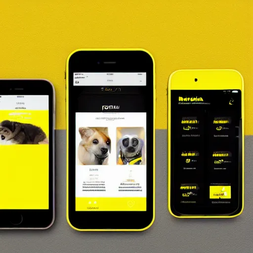 Prompt: a full ux layout of a mechanical dog dashboard and marketplace mobile app for ios with a black and yellow theme.