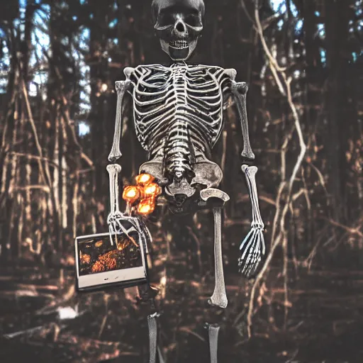 Prompt: portrait photo of a skeleton packed with electronics and mechanical components. In the forest with bokeh
