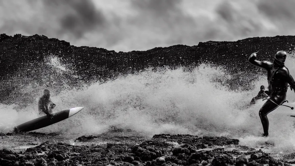 Image similar to person in armor surfing down a river of lava on the side of a volcano on surfboard, action shot, dystopian, thick black smoke, motion blur, sharp focus, cinematic, warren miller, tilt shift lens