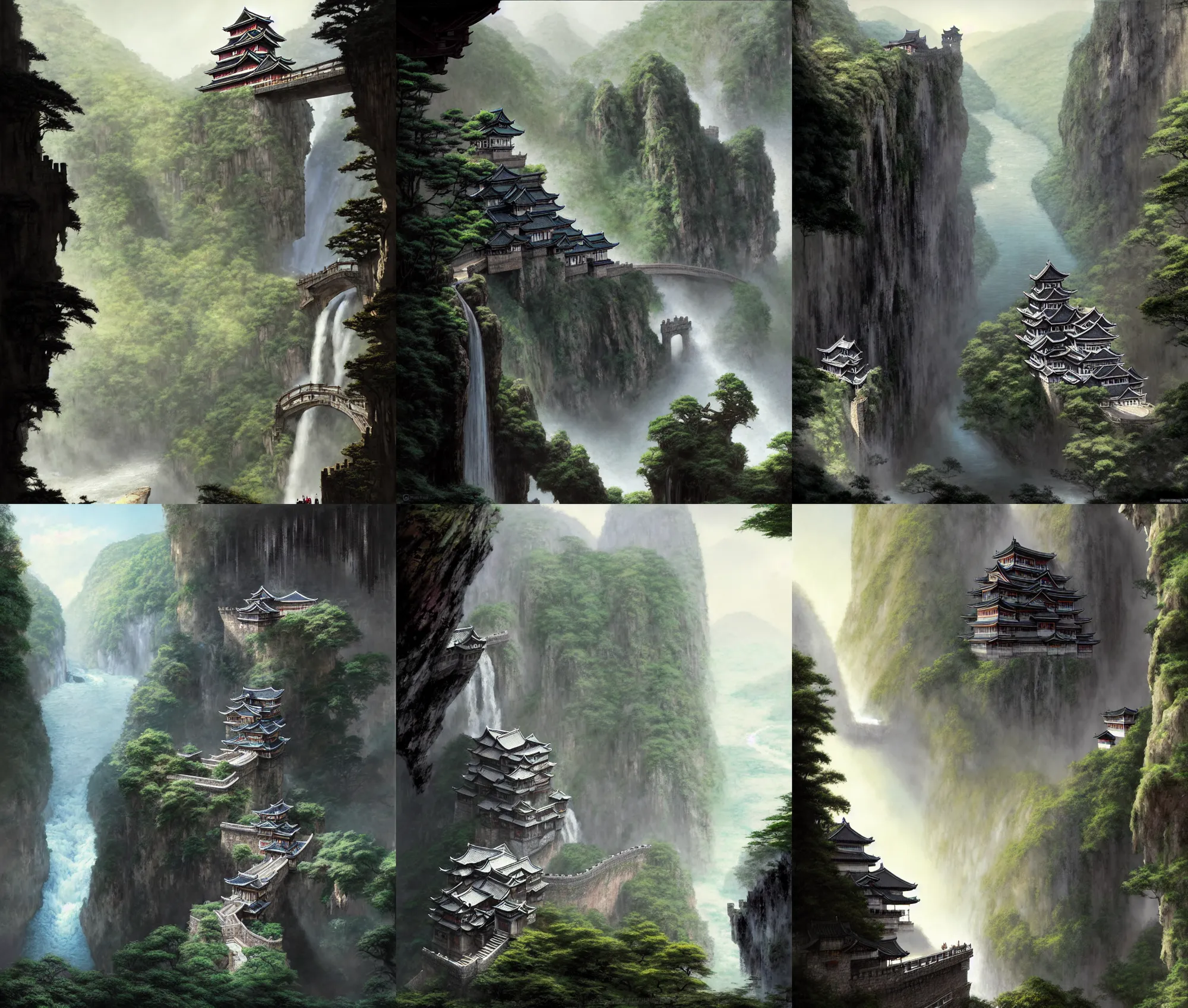 Prompt: establishing wide shot inside han son doong with waterfalls on either side of the cliff walls, at the top of the cliff is a japanese castle, a cloister is built into the cliff walls, an old suspension bridge spans the walls, sunny morning light, detailed digital concept art by greg rutkowski and gerald brom and james gurney, detailed textures, sharp focus