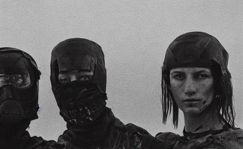 Image similar to cinestill 5 0 d photographic portrait by helen levitt of two loving female androids wearing rugged black mesh techwear on a desolate plain, extreme closeup, modern cyberpunk moody cinematic, dust storm, 8 k, hd, high resolution, 3 5 mm, f / 3 2, ultra realistic faces, ex machina