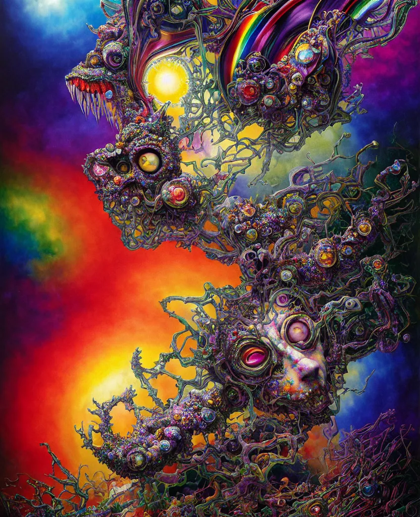 Prompt: realistic detailed image of ultra wrathful rainbow diamond nightmare scientist mega god of chaos, depth perception, depth of field, action horror by lisa frank, ayami, karol bak, neo - gothic, gothic, rich deep colors, part by adrian ghenie and gerhard richter. art by yoshitaka amano. masterpiece