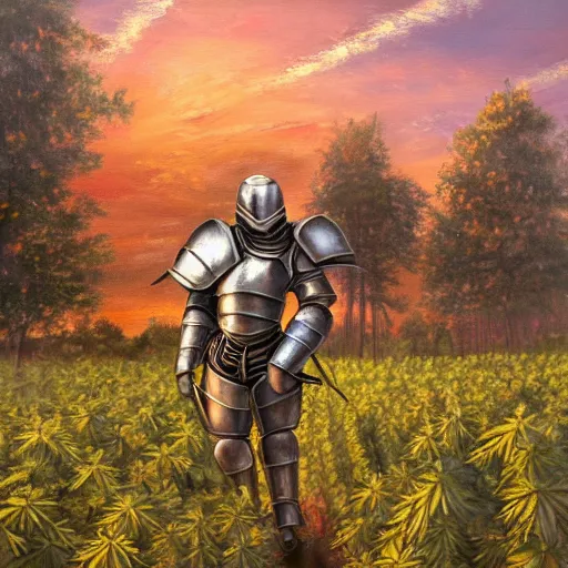 Prompt: an extremly detailed oil painting of a full armored knight, blessing a field of cannabis plants at sunset, trending on artstation, colorful