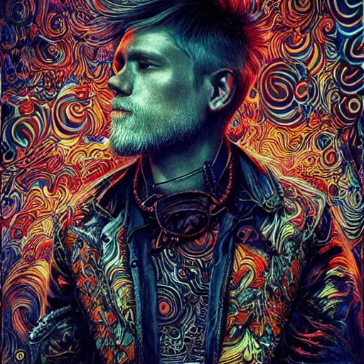 Prompt: portrait of charlie hunnam, hyper detailed masterpiece, neon floral pattern, jean giraud, digital art painting, darkwave goth aesthetic, psychedelic, artgerm, donato giancola and tom bagshaw