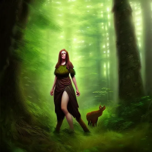 Image similar to a pretty female druid surrounded by forest animals, in the woods, hyper realistic, digital painting, photorealistic, in the style of greg rutkowski, detailed face