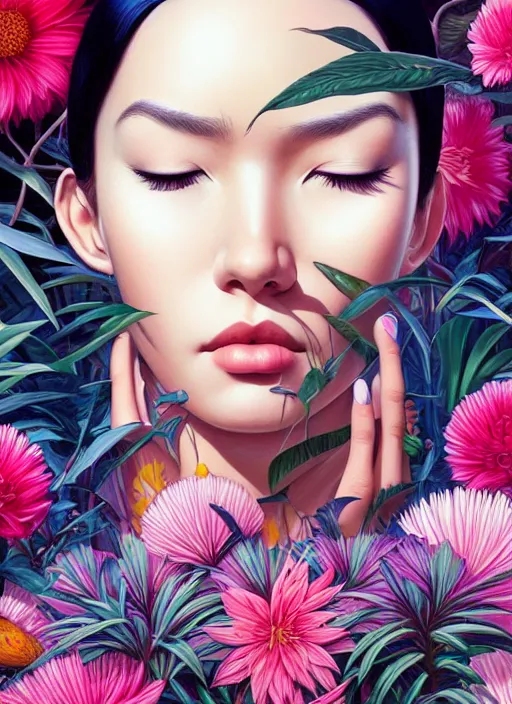 Image similar to gigantic girl head, a lot of exotic vegetation, trees, flowers by junji ito, tristan eaton, victo ngai, artgerm, rhads, ross draws, hyperrealism, intricate detailed