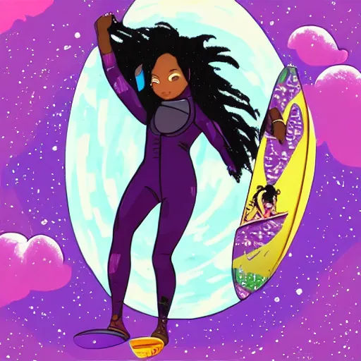 Prompt: black woman with purple dreads surfing in space in the style of ghibli
