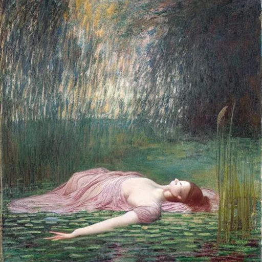 Image similar to breathtaking masterpiece of art, elizabeth eleanor siddall as ophelia laying down in water floating down the river amongst the reeds fully covered in robes fully clothed in flowing medieval robes by rosetti and monet, 8 k