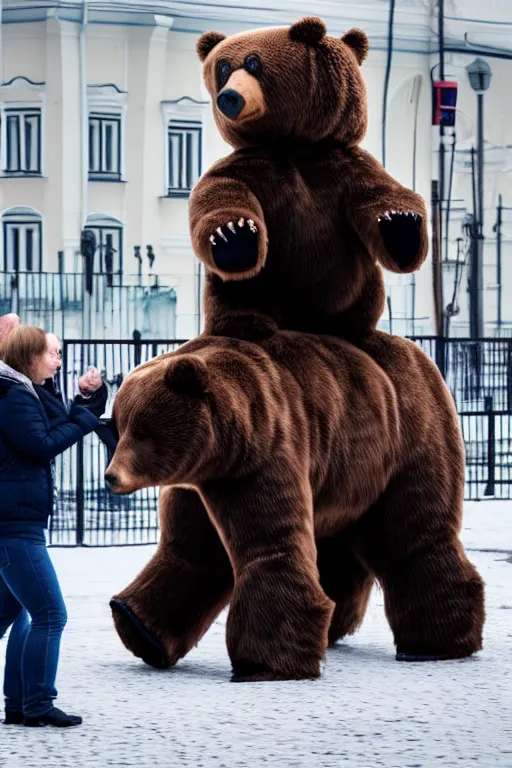 Image similar to a picture of putin ride robotic bear in moscow. - photorealistic, pullitzer winning, taken with canon eos 5 d mark iv, versatile, lens interoperability, autofocus, 4 k uhd video capture at 3 0 fps, 8 k time - lapse functions, by karah mew, jodie bateman