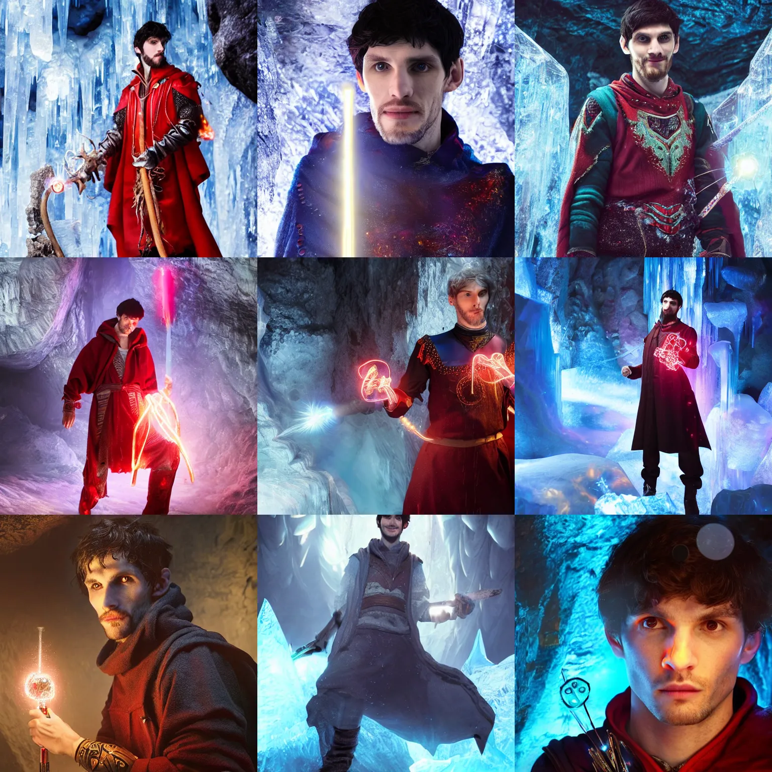 Prompt: Colin Morgan wearing a fine wizards tunic embodied with crystals holding a glowing red magical wand with electrical bolts emitting from it. In a cave made of ice. Trending on Artstation, octane render, ultra detailed, art by Ross tran