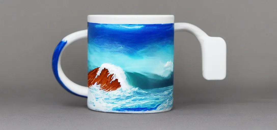 Prompt: A mug with a tsunami as a drink