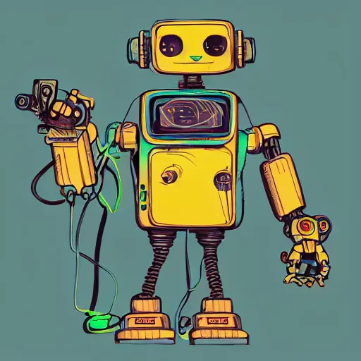 Image similar to robots need love too adorable cute cyberpunk street hustler mech-robot wearing walkman cyan and yellow colored paint oozing from mouth centre image cool street style relaxed pose Jamie Hewlett style moebius style pastel color style neon lights messy cables line drawing,