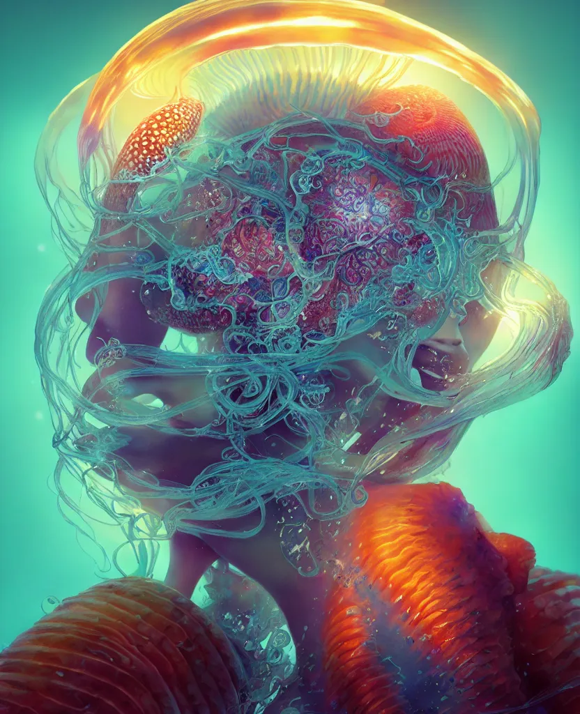 Image similar to goddess close-up portrait ribcagel. jellyfish phoenix head, nautilus, orchid, skull, betta fish, bioluminiscent creatures, intricate artwork by Tooth Wu and wlop and beeple. octane render, trending on artstation, greg rutkowski very coherent symmetrical artwork. cinematic, hyper realism, high detail, octane render, 8k