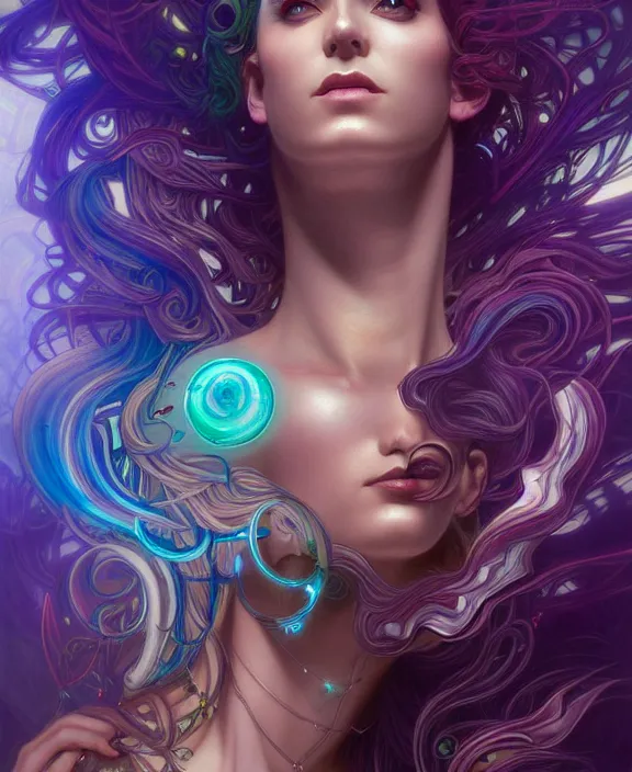 Image similar to a whirlwind of souls rushing inside the metaverse, half body, jewelry, hologram, dreads, android, cyborg, cyberpunk face, by loish, d & d, fantasy, intricate, elegant, highly detailed, colorful, vivid color, digital painting, artstation, concept art, art by artgerm and greg rutkowski and alphonse mucha