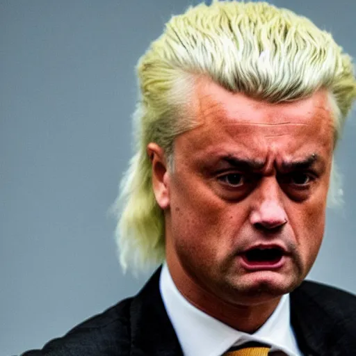 Image similar to geert wilders as judge raising hammer looking angry