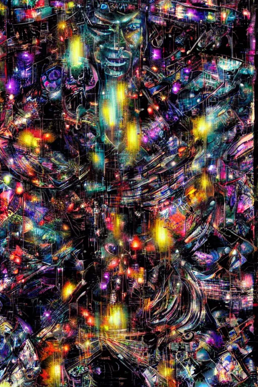 Prompt: a painting of a bunch of lights in the dark, cyberpunk art by Derek Gores, deviantart, psychedelic art, fractalism, psychedelic, cosmic horror