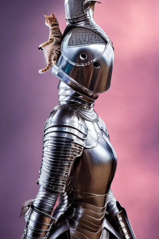 Image similar to female knight wearing a real cat on her head, armor designed by wayne barlowe, swarovski and tiffany, blonde hair, symmetry, sci - fi, cinematic, elegant, luxury, perfect light, perfect composition, dlsr photography, sharp focus, dark fantasy, 4 k, ultra hd, sense of awe, highly detailed, realistic, intricate