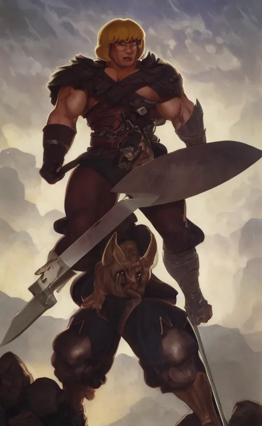 Prompt: Full body centered uncut character pose of mysterious-eerie-ominous He-Man, He-Man is holding the Power Sword in his right hand, Battle Cat, dark grey shadowy smokey background, direct natural lighting, cinematic, Epic, ultra-detailed, sharp focus, colored illustration, artwork by Jordan Grimmer and Greg Rutkowski and Alphonse Mucha