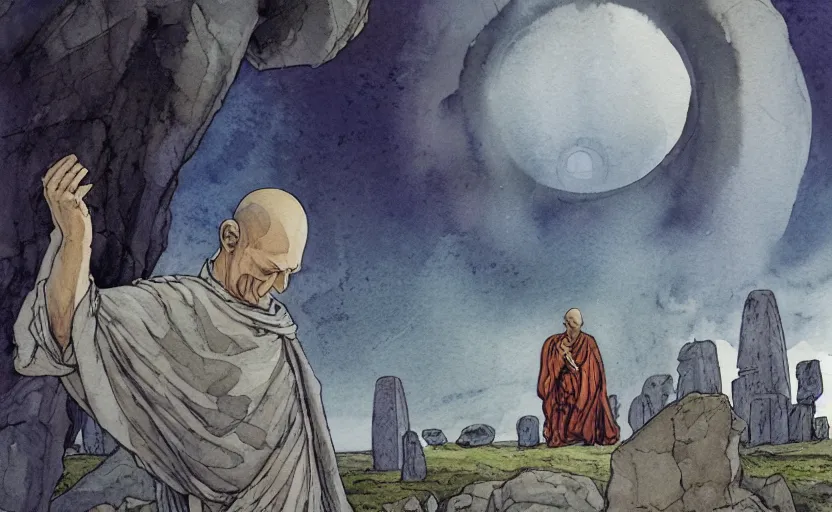 Prompt: a realistic watercolor fantasy concept art of giant monk with a big forehead in grey robes praying in stonehenge. several immense stones are floating in the air. in the background a large ufo is in the sky. by rebecca guay, michael kaluta, charles vess