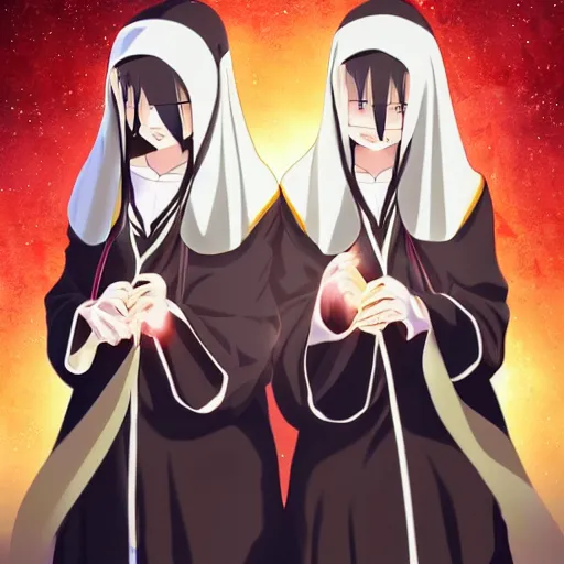 Prompt: two identical beautiful female nuns under night sky, intense, beautiful anime art