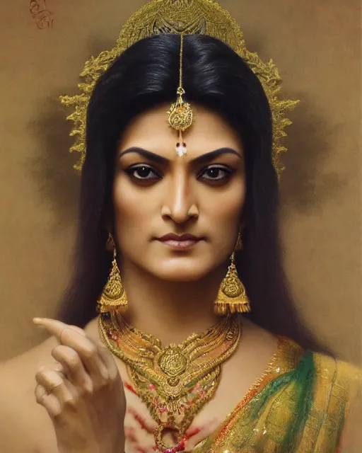 Image similar to Sushmita Sen as a beautiful Hindu Goddess, gorgeous, portrait, Symmetrical, powerful, intricate, beautiful, masterpiece, elegant, volumetric lighting, highly detailed, digital painting, hyper-realistic, artstation, sharp focus, no blur, illustration, William-Adolphe Bouguereau , ruan jia