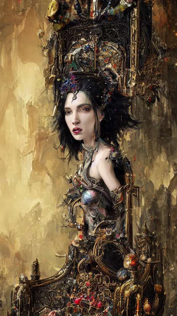 Image similar to painting of a beautiful black haired woman with pale skin and a crown on her head sitted on an intricate metal throne, illustration, artistic, colorful, hyper detailed, in the style of greg rutkowski,