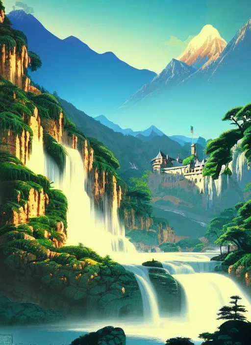 Image similar to magical castle, waterfall, river, mountain, scenery wallpaper aesthetic, beautiful, cinematic, dramatic, super detailed and intricate, hyper realistic, by koson ohara, by darwyn cooke