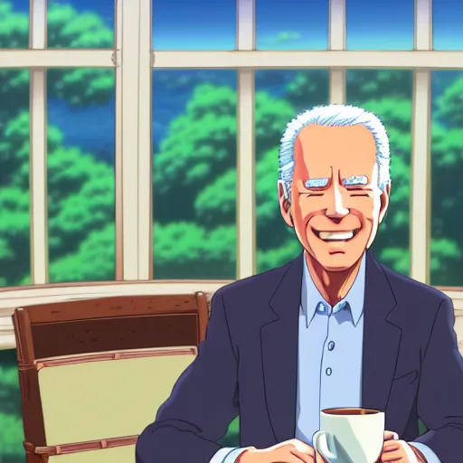 Prompt: beautiful hayao miyazaki anime style digital painting portrait of joe biden drinking a steaming cappuccino in the oval office, zoom on the cappuccino, studio ghibli, totoro, spirited away, 4 k, 8 k, hd, high resolution, highly detailed, intricate detail, ultra realistic faces, digital art, trending on artstation, pixiv