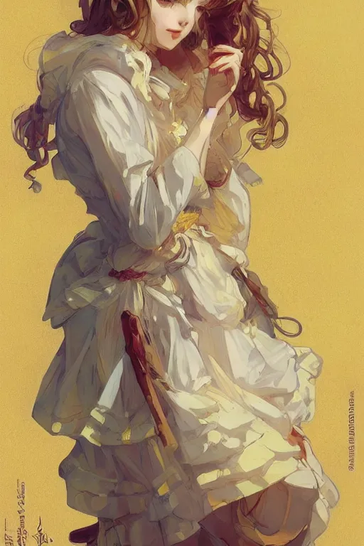 Prompt: A girl in a maid's outfit in a cafe a afternoon, wavy hair yellow theme,S line,45 angel by krenz cushart and mucha and trnyteal and greg rutkowski