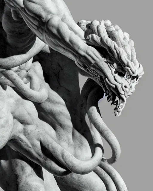 Image similar to an old marble statue of a hydra from herculean myths, hyper realistic, 4 k, grainy marble, hyper detailed