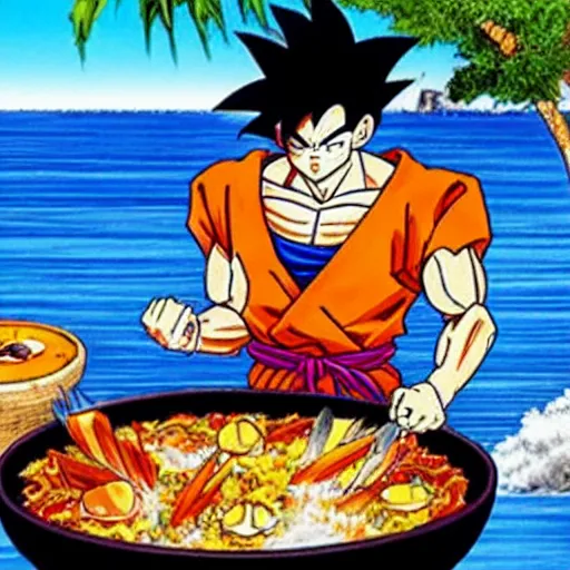 Image similar to son goku cooking a paella on the beach by akira toriyama