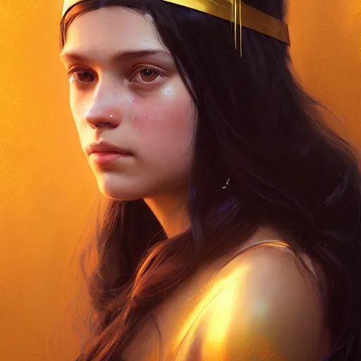 Image similar to highly detailed portrait of a young woman with long dark hair and a golden headband, art by greg rutkowski, unreal engine, high quality, vivid, stunning lighting, symmetry