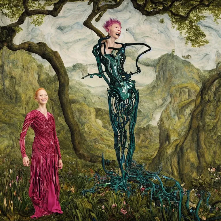 Image similar to a grinning dryad cate blanchet, who looks like a cybernetic alien stands pround in the middle of a river valley. around her are tropical birds and orchids and she is wearing an iris van herpen dress. painted by jan van eyck, egon schiele and max ernst, trending on artstation, 8 k, award winning, high octane