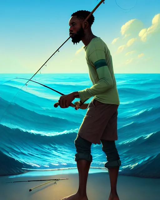 Prompt: a 3 0 - year old athletic and beautiful male jamaican, fisherman, modern clothing, magical fishing rod weapon, ocean background, unreal engine, fantasy art by greg rutkowski, loish, rhads, makoto shinkai and lois van baarle, ilya kuvshinov, rossdraws, tom bagshaw, global illumination, radiant light, detailed and intricate environment